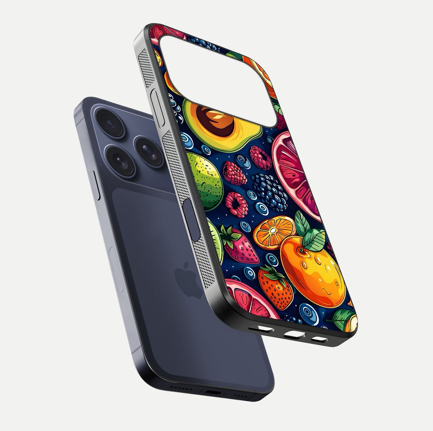 Cute Fruits Art Glass Case for iPhone 17 Pro floating mockup showing gloss brightness and vivid artwork
