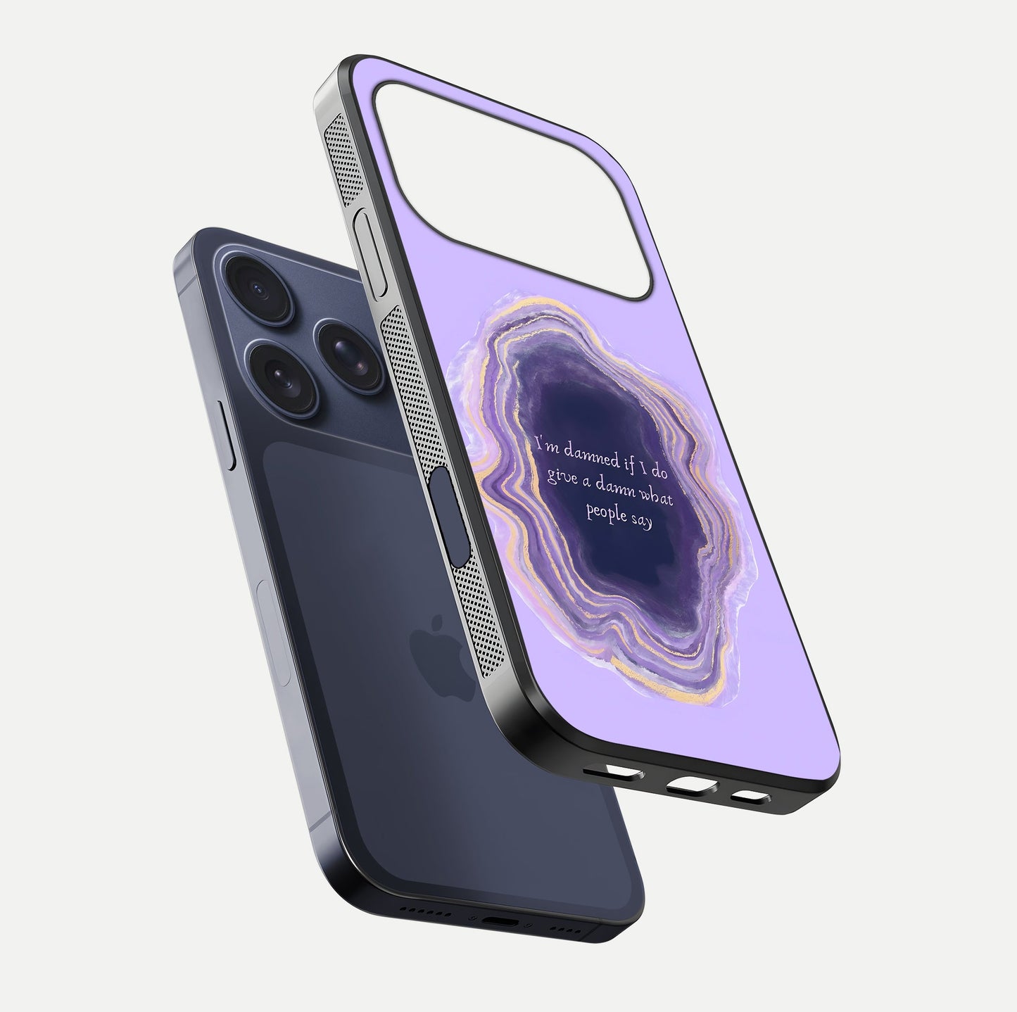 Damned People Quote Glass Case for iPhone 17 Pro floating mockup showing gloss reflection and text balance