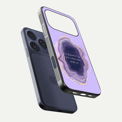 Damned People Quote Glass Case for iPhone 17 Pro floating mockup showing gloss reflection and text balance