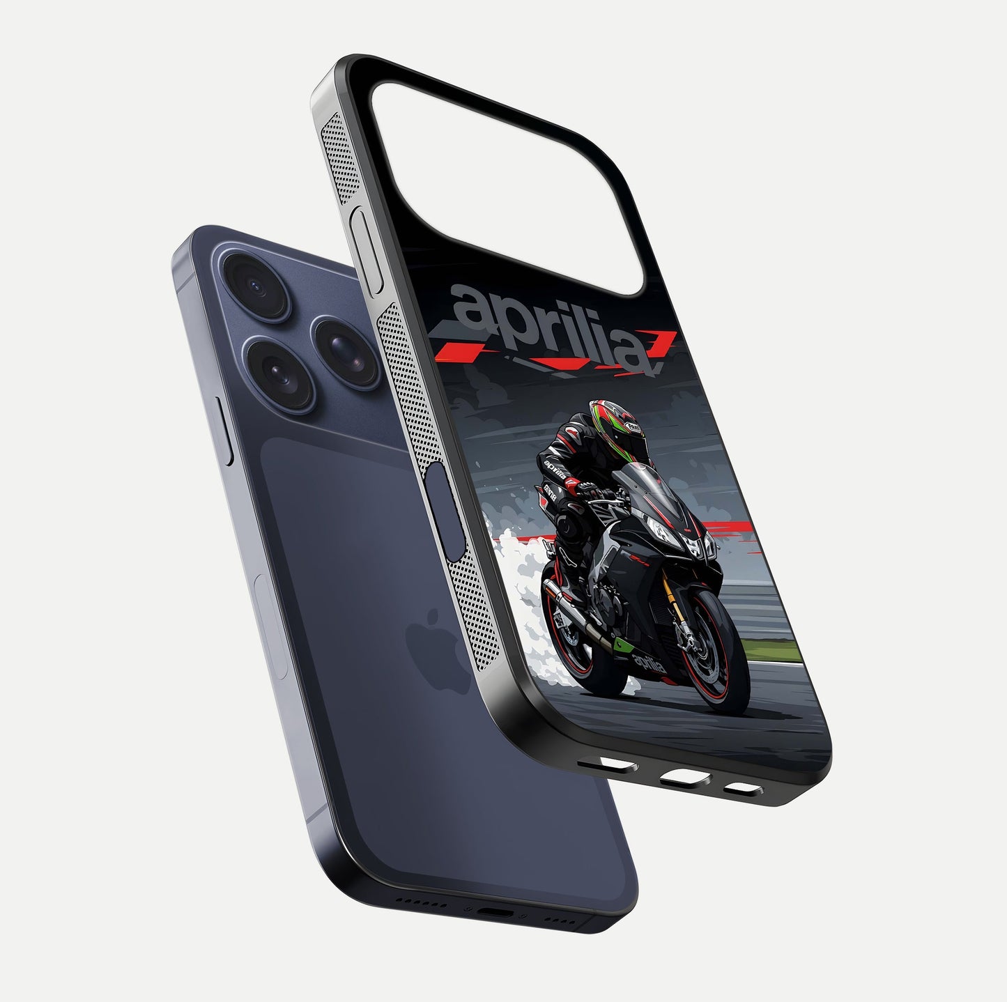 Dark Aprilla Glass Case for iPhone 17 Pro floating mockup showing glossy contrast and texture clarity