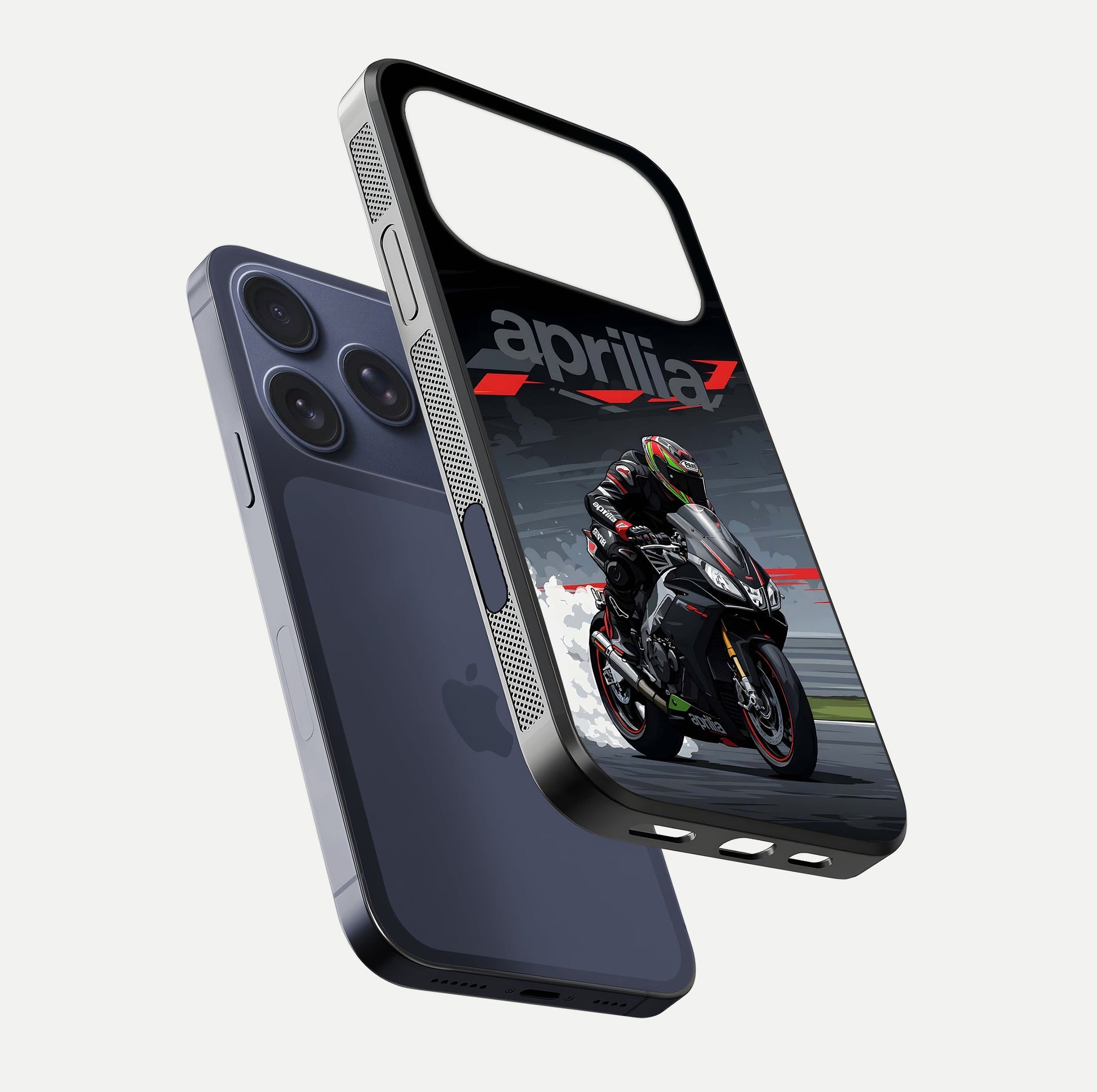 Dark Aprilla Glass Case for iPhone 17 Pro floating mockup showing glossy contrast and texture clarity
