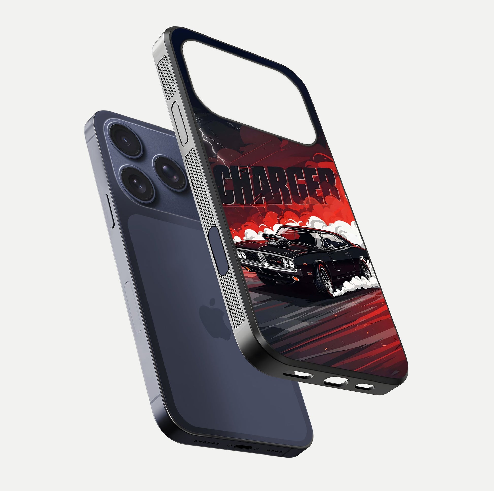 Dark Charger Fury Glass Case for iPhone 17 Pro floating mockup showing reflection depth and shiny surface