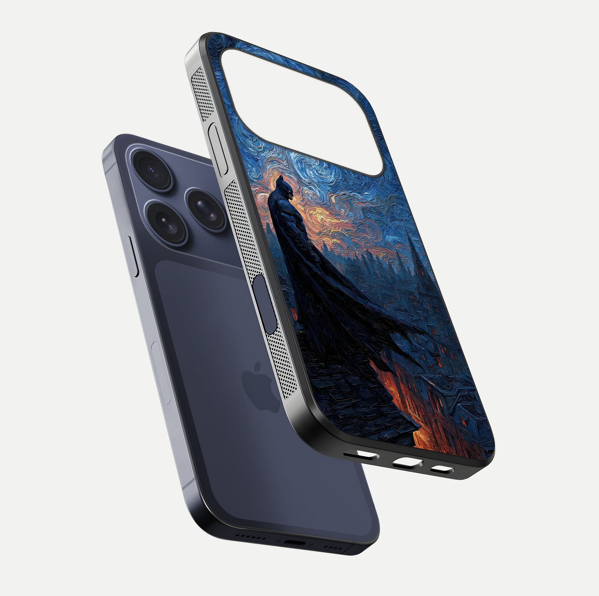 Dark Knight Dusk Glass Case for iPhone 17 Pro floating mockup showing glossy depth and cinematic lighting