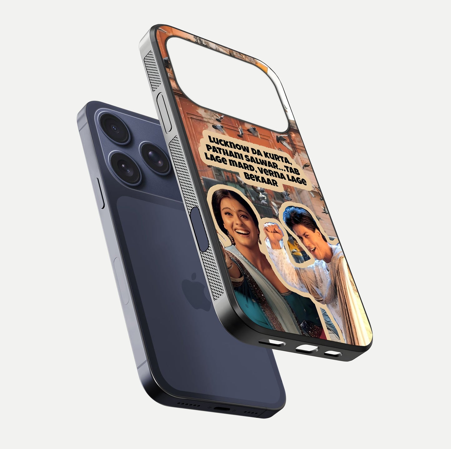 Desi Retro Vibes Glass Case for iPhone 17 Pro floating mockup showing shine polish and vivid tones