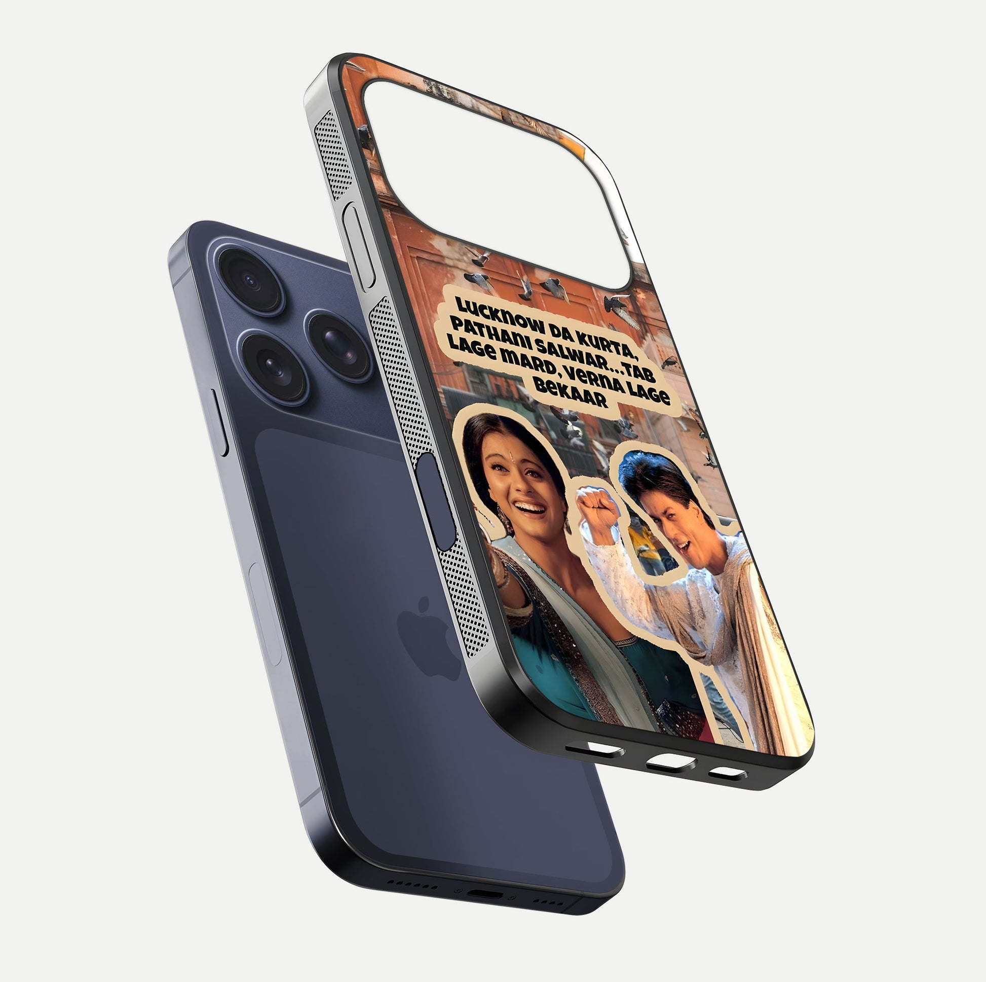 Desi Retro Vibes Glass Case for iPhone 17 Pro floating mockup showing shine polish and vivid tones