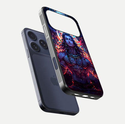 Divine Fire Shiv Glass Case for iPhone 17 Pro floating mockup showing glow texture and gloss finish