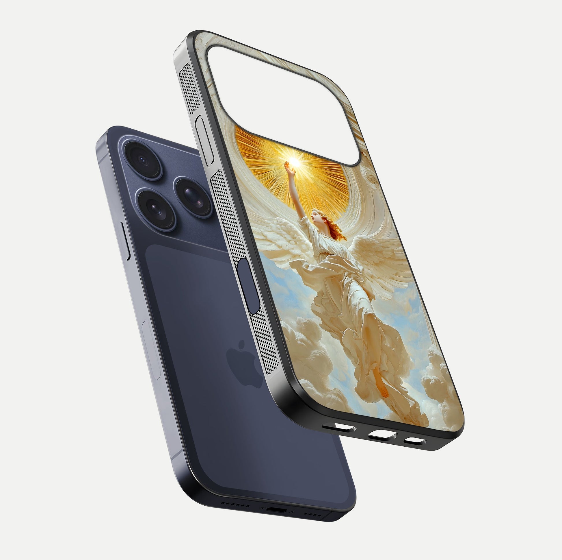 Divine Light Angel Glass Case for iPhone 17 Pro floating mockup showing gloss texture and radiant light