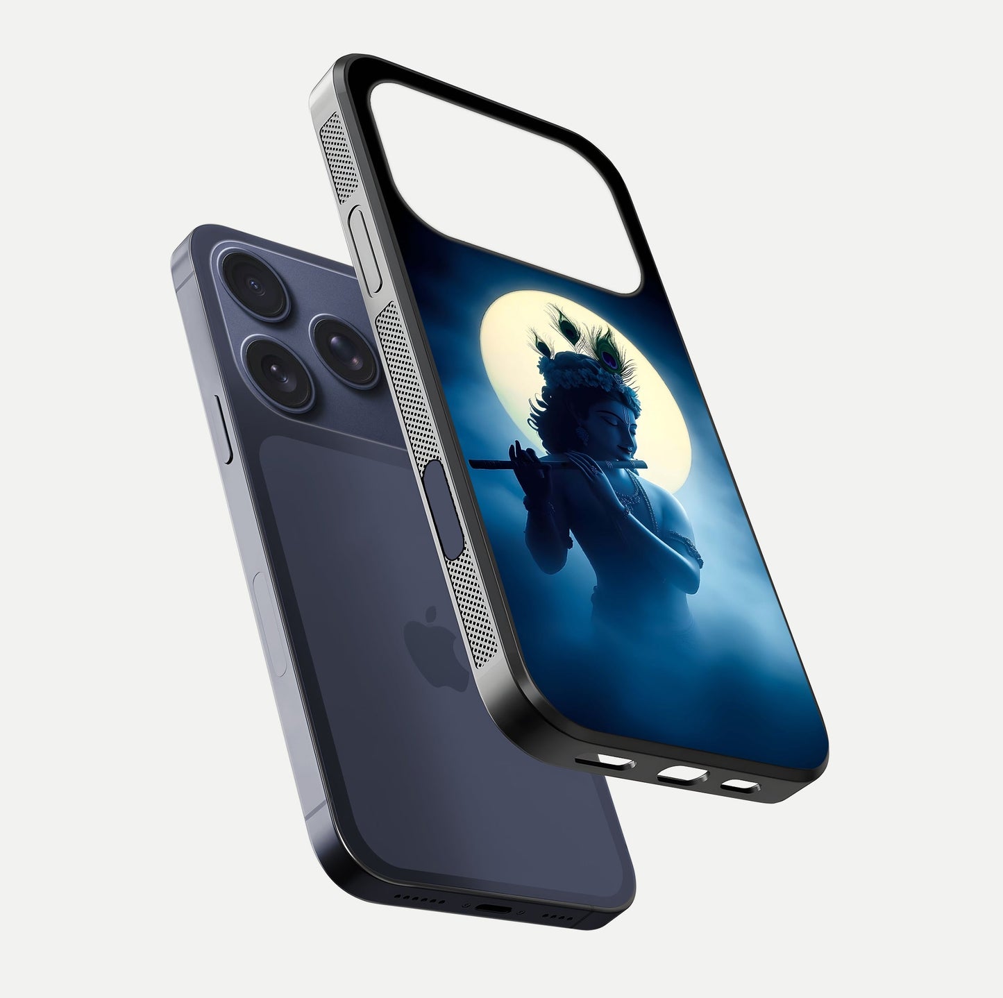 Divine Moon Flute Glass Case for iPhone 17 Pro floating mockup showing HD gloss and luminous texture
