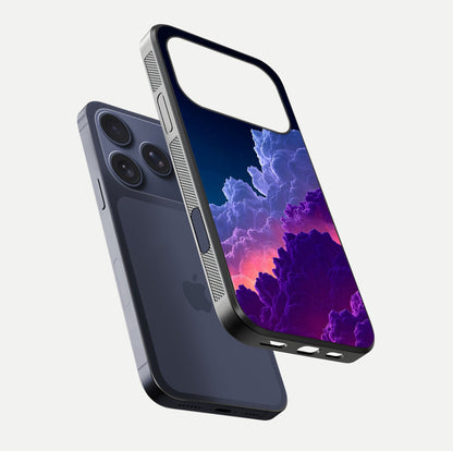 Dreamy Cloud Skies Glass Case for iPhone 17 Pro floating mockup showing glossy depth and delicate tone