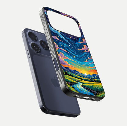 Dreamy Night Landscape Glass Case for iPhone 17 Pro floating mockup showing glossy depth and serene color
