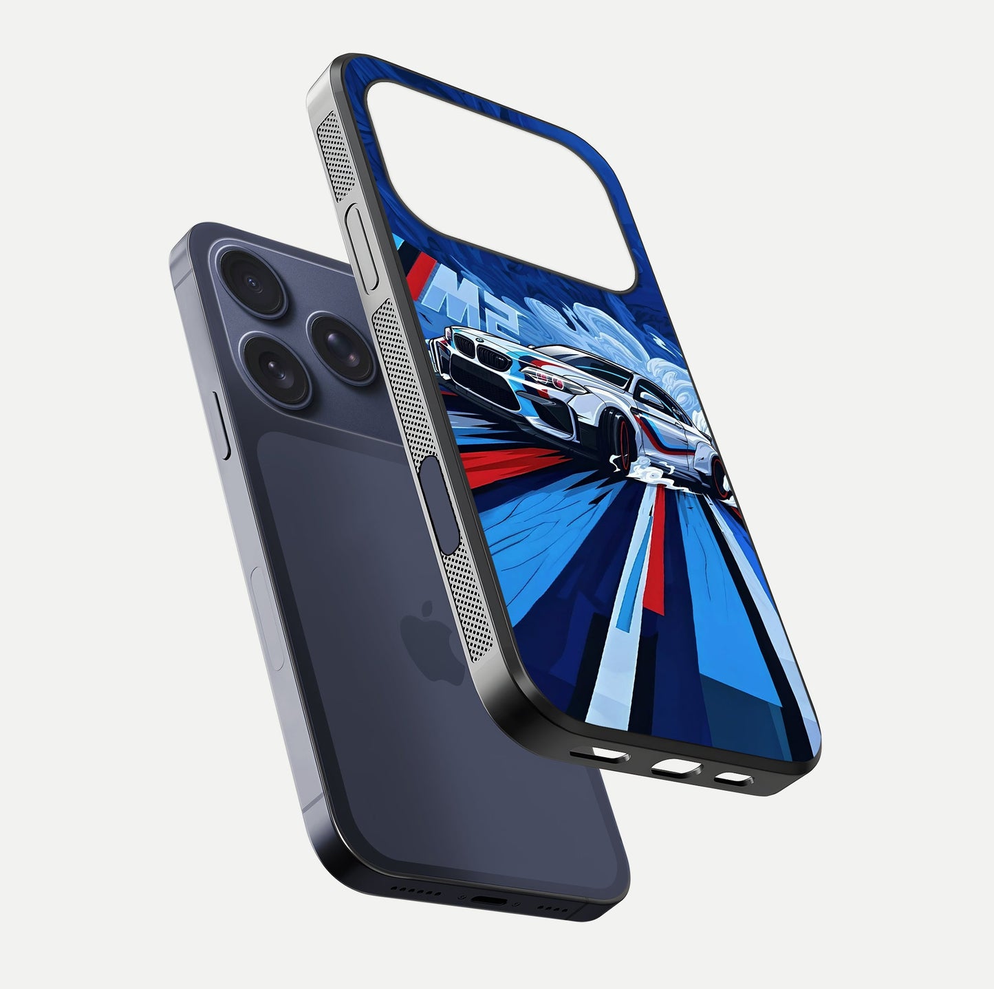 Drift Power Rush Glass Case for iPhone 17 Pro floating mockup showing gloss polish and speed-theme design