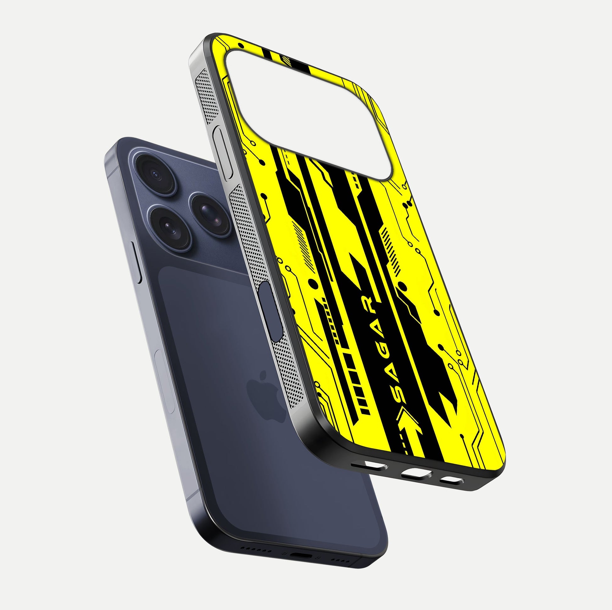 Electric Pulse CYBERPUNK Custom Name Glass Case for iPhone 17 Pro floating mockup showing HD gloss and vibrant cyberpunk glow
