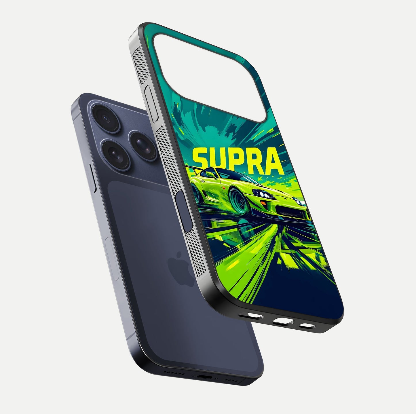 Electric Supra Thunder Glass Case for iPhone 17 Pro floating mockup showing gloss depth and energy glow