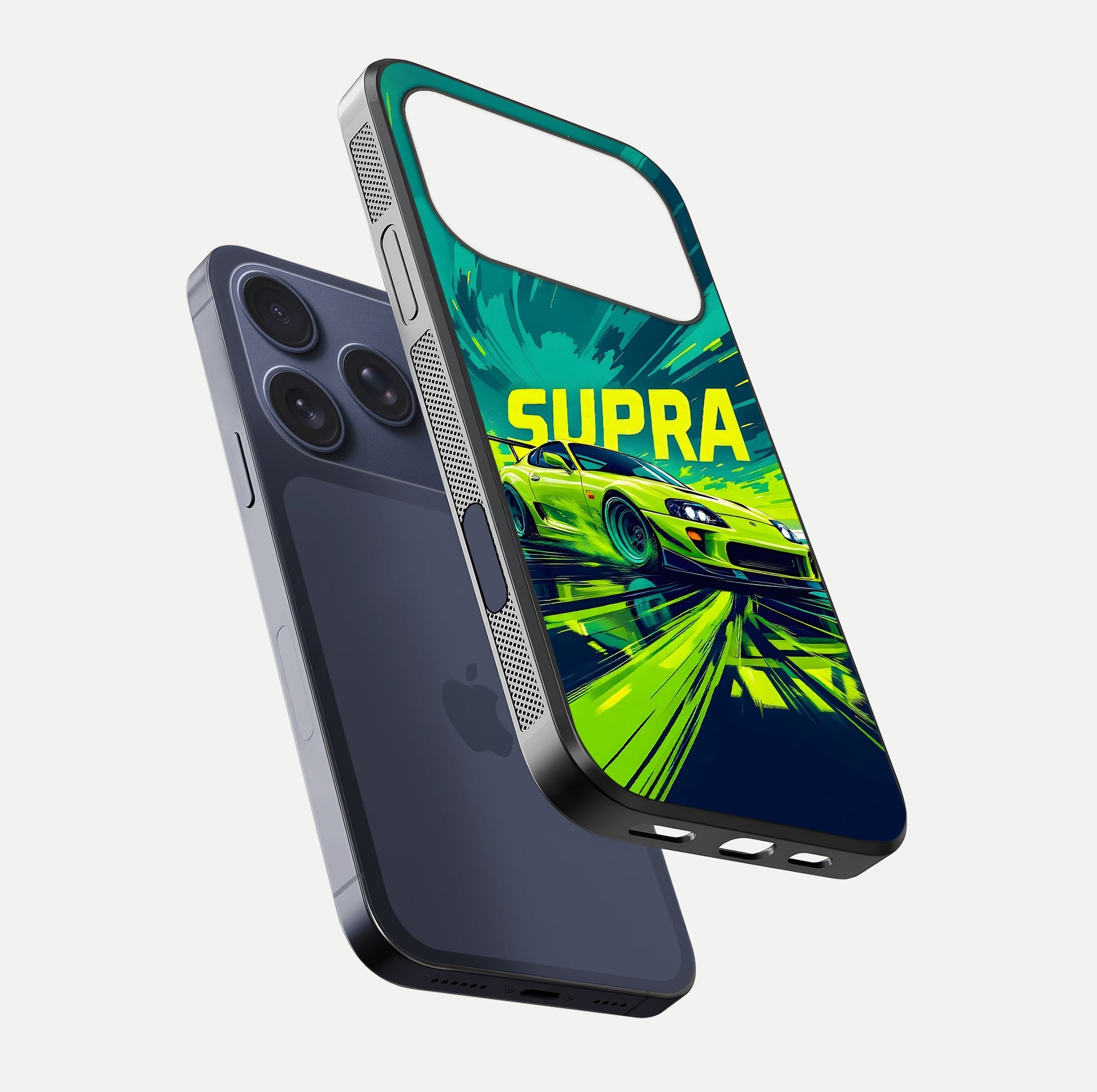 Electric Supra Thunder Glass Case for iPhone 17 Pro floating mockup showing gloss depth and energy glow