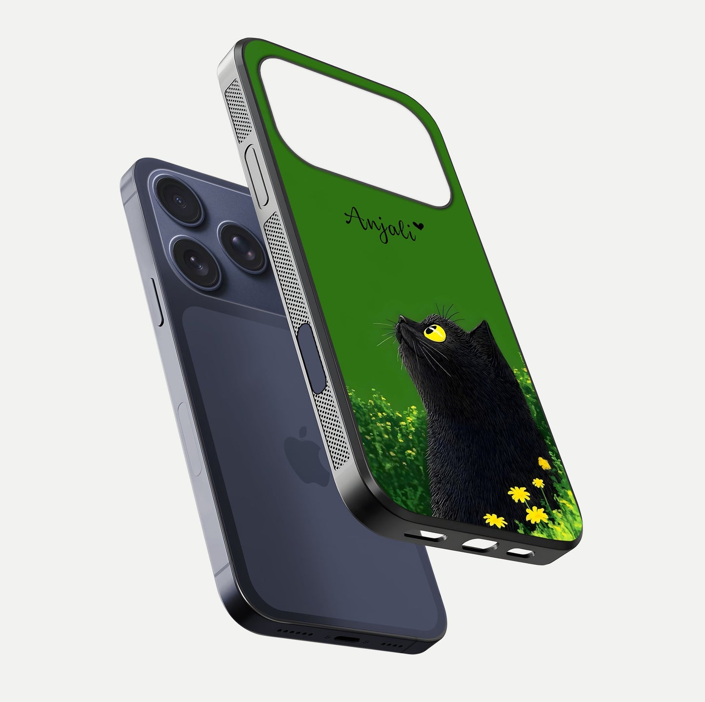 Emerald Cat Custom Name Glass Case for iPhone 17 Pro floating mockup showing HD gloss and soft gradient
