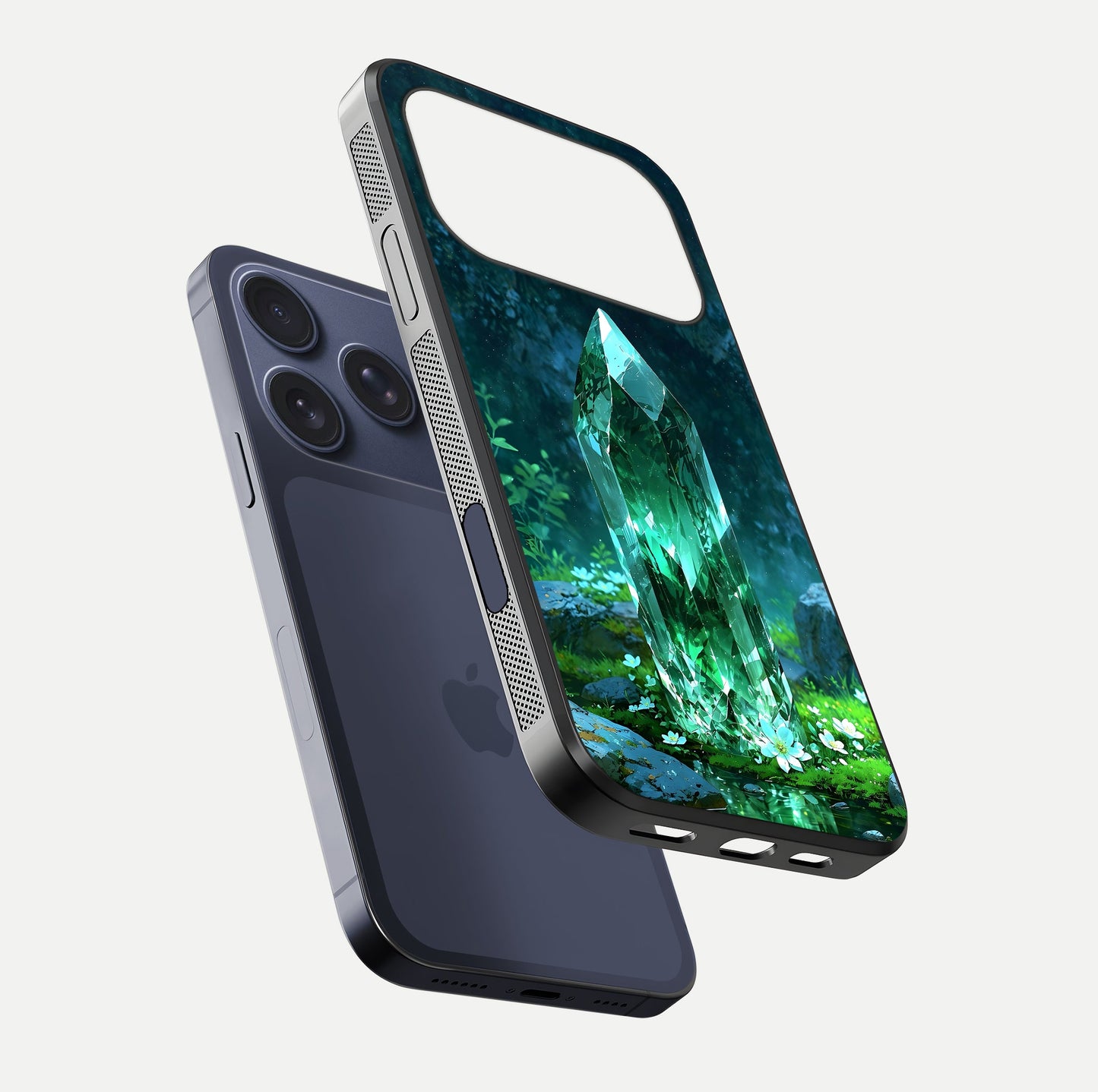 Emerald Light Crystal Glass Case for iPhone 17 Pro floating mockup showing glossy finish and radiant light pattern