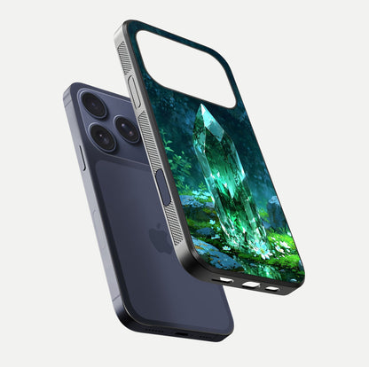 Emerald Light Crystal Glass Case for iPhone 17 Pro floating mockup showing glossy finish and radiant light pattern