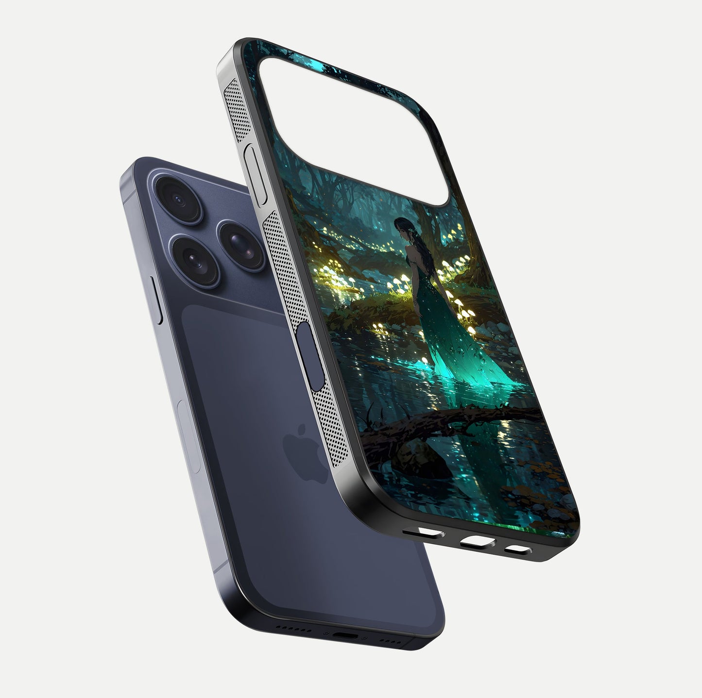 Enchanted Forest Glow Glass Case for iPhone 17 Pro floating mockup showing gloss polish and fantasy vibe
