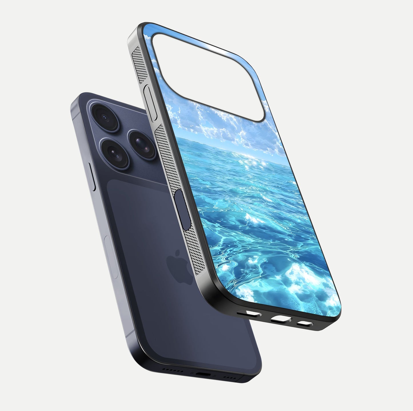 Endless Ocean Horizon Glass Case for iPhone 17 Pro floating mockup showing HD gloss and tranquil color