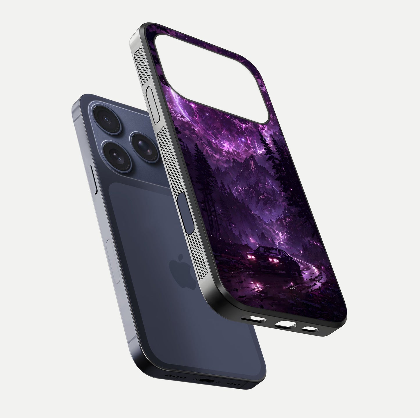 Eternal Cosmic Drive Glass Case for iPhone 17 Pro floating mockup showing glossy polish and vivid glow