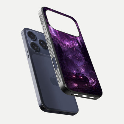 Eternal Cosmic Drive Glass Case for iPhone 17 Pro floating mockup showing glossy polish and vivid glow