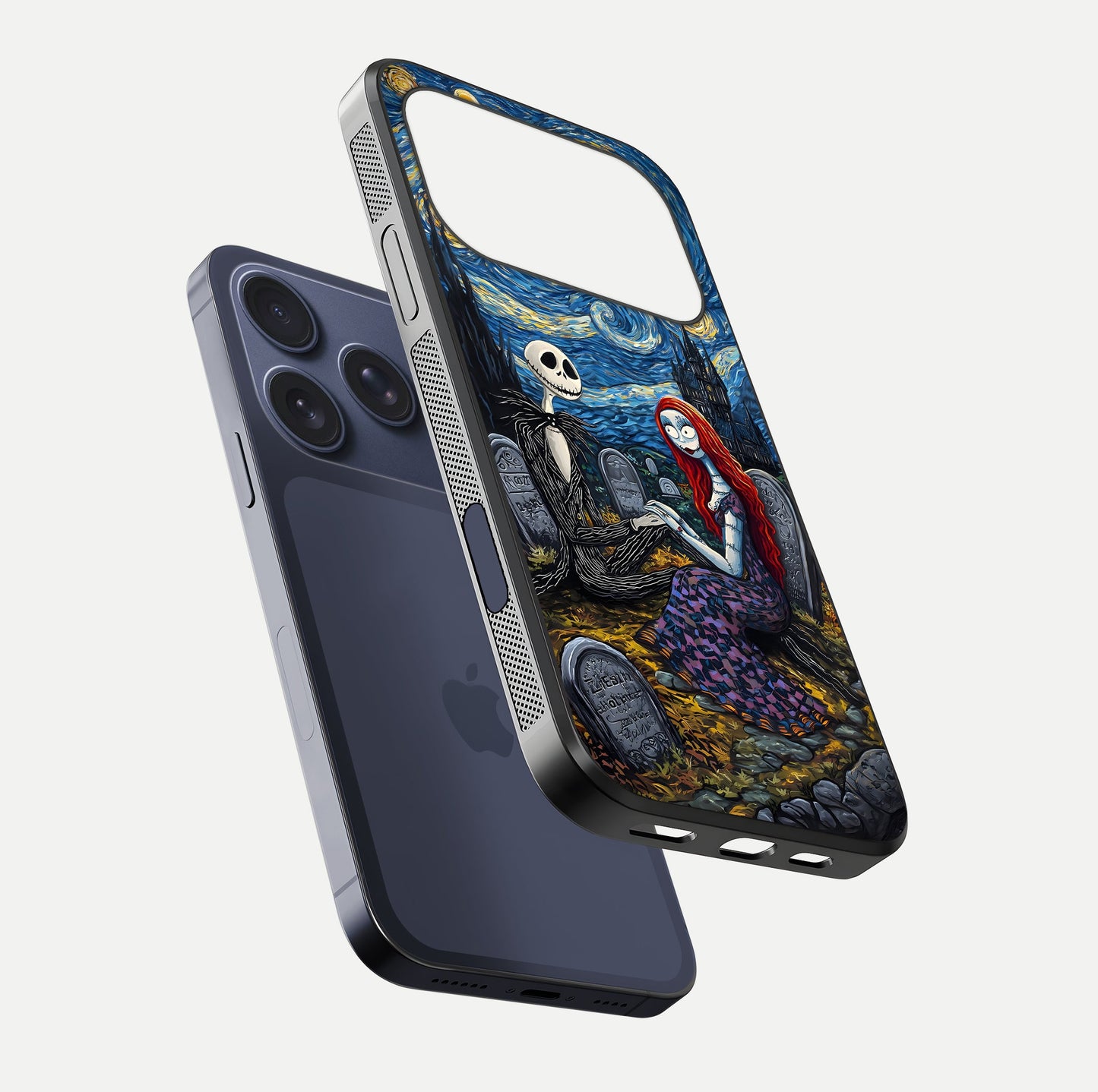 Eternal Night Love Glass Case for iPhone 17 Pro floating mockup showing gloss brightness and romantic vibe