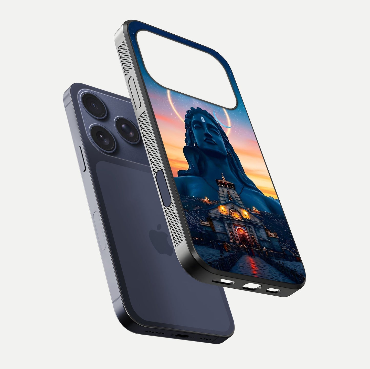 Eternal Shiva Aura Glass Case for iPhone 17 Pro floating mockup showing gloss texture and spiritual glow