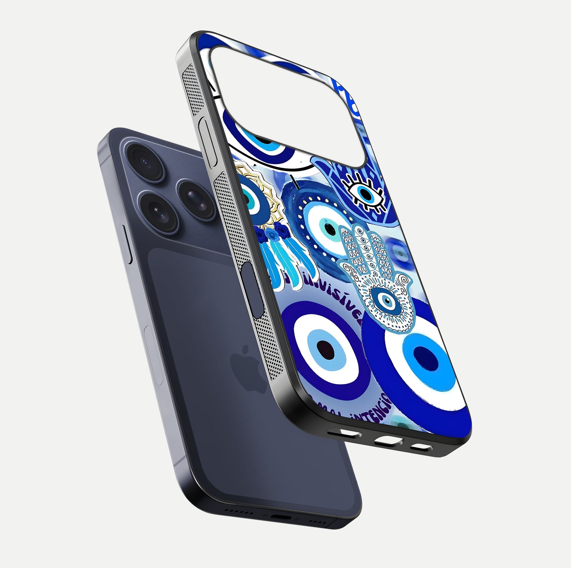 Evil Eyes Dream Glass Case for iPhone 17 Pro floating mockup showing glossy shine and elegant pattern clarity
