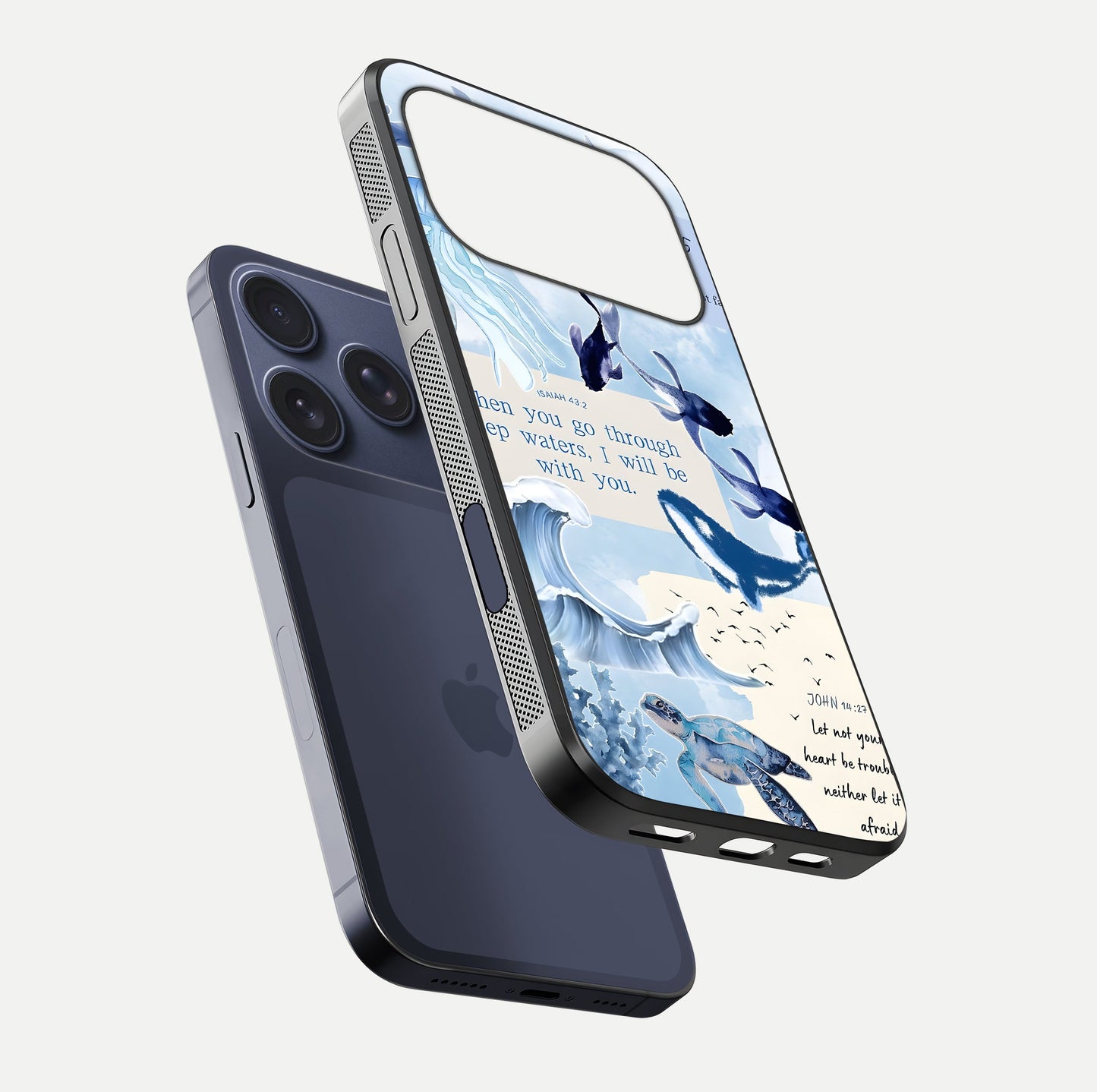 Faithful Ocean Promise Glass Case for iPhone 17 Pro floating mockup displaying glossy surface and vivid depth
