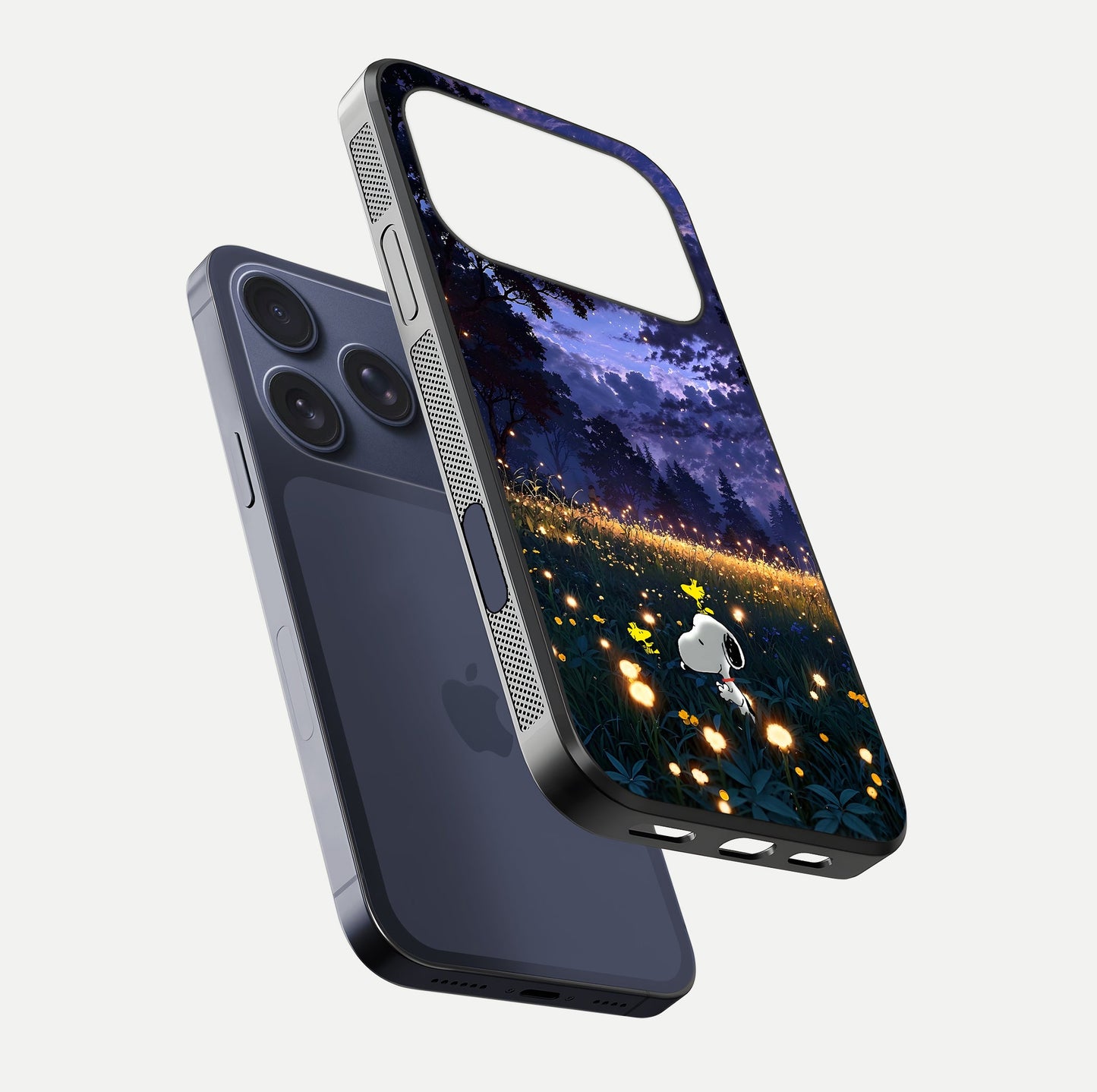 Firefly Meadow Magic Glass Case for iPhone 17 Pro floating mockup showing gloss polish and magical night hues