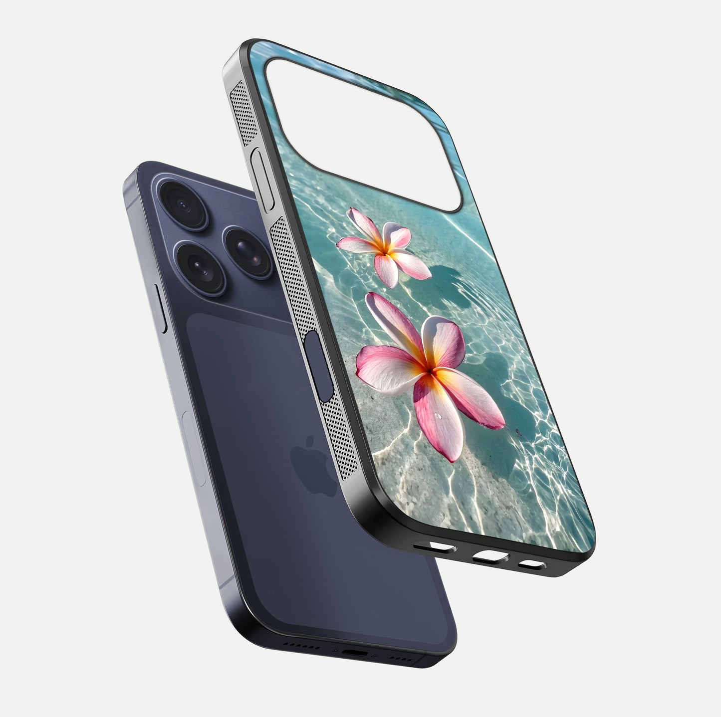 Floating Bloom Bliss Glass Case for iPhone 17 Pro floating mockup showing HD gloss shine and floral texture