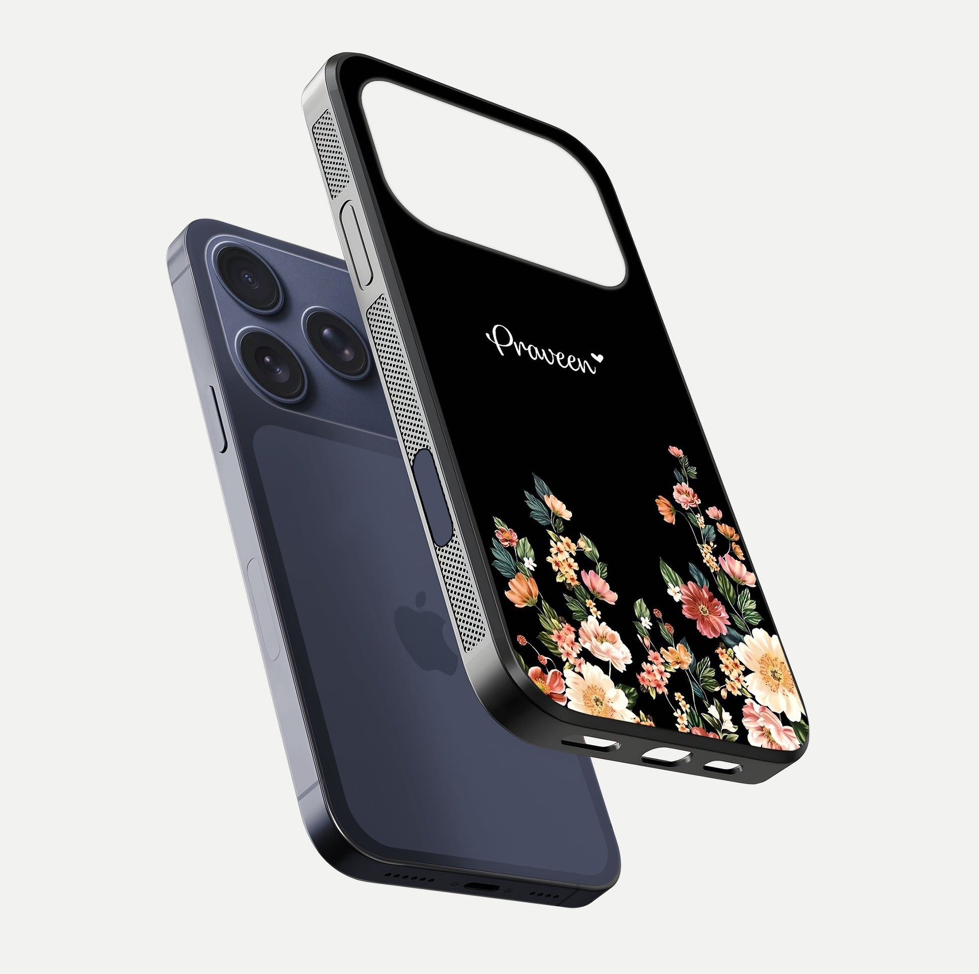 Floral Design Personalized Custom Name Glass Case for iPhone 17 Pro floating mockup showing reflection polish and vivid colors