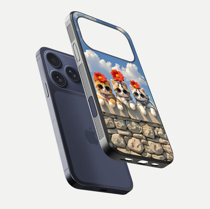 Floral Kitty Squad Glass Case for iPhone 17 Pro floating mockup showing gloss texture and playful charm