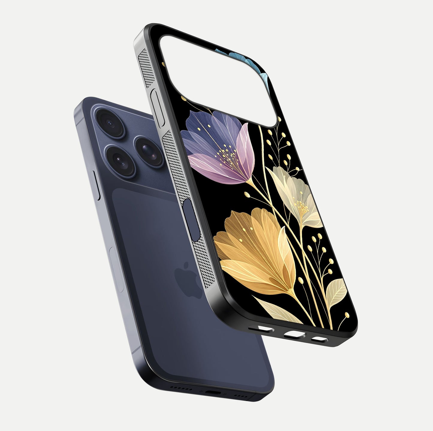 Flower Bloom Glow Glass Case for iPhone 17 Pro floating mockup showing HD shine and artistic detail