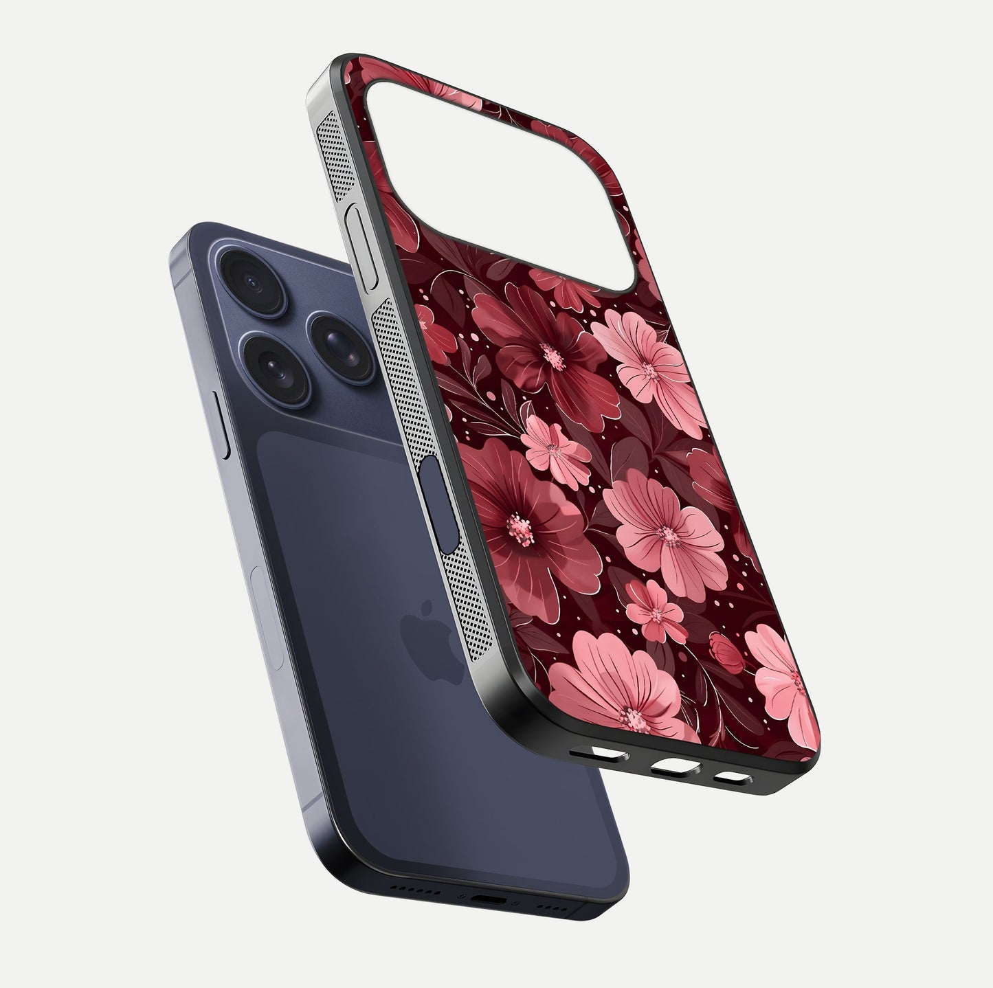 Flower Blush Bloom Glass Case for iPhone 17 Pro floating mockup showing shine polish and elegant look