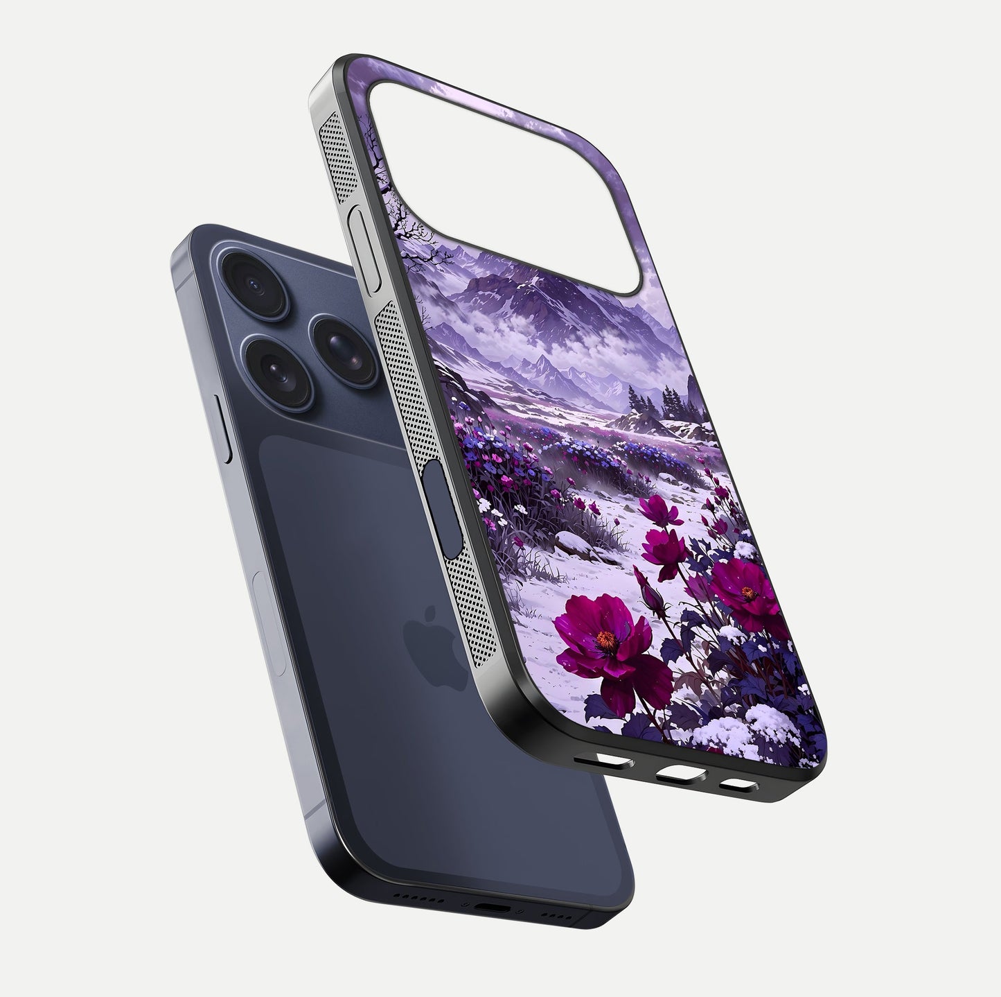 Flower Mountain View Glass Case for iPhone 17 Pro floating mockup showing reflection glow and artistic clarity