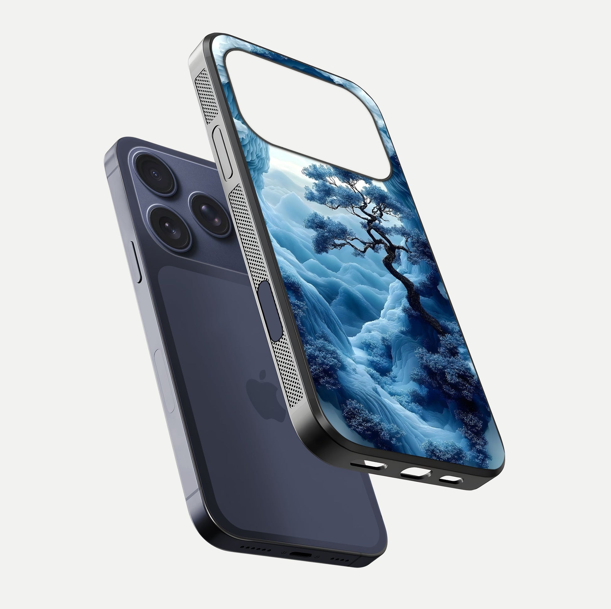 Frozen Serenity Gate Glass Case for iPhone 17 Pro floating mockup showing glossy depth and crystal glow