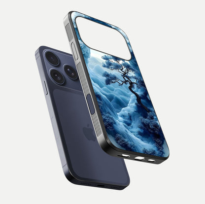 Frozen Serenity Gate Glass Case for iPhone 17 Pro floating mockup showing glossy depth and crystal glow