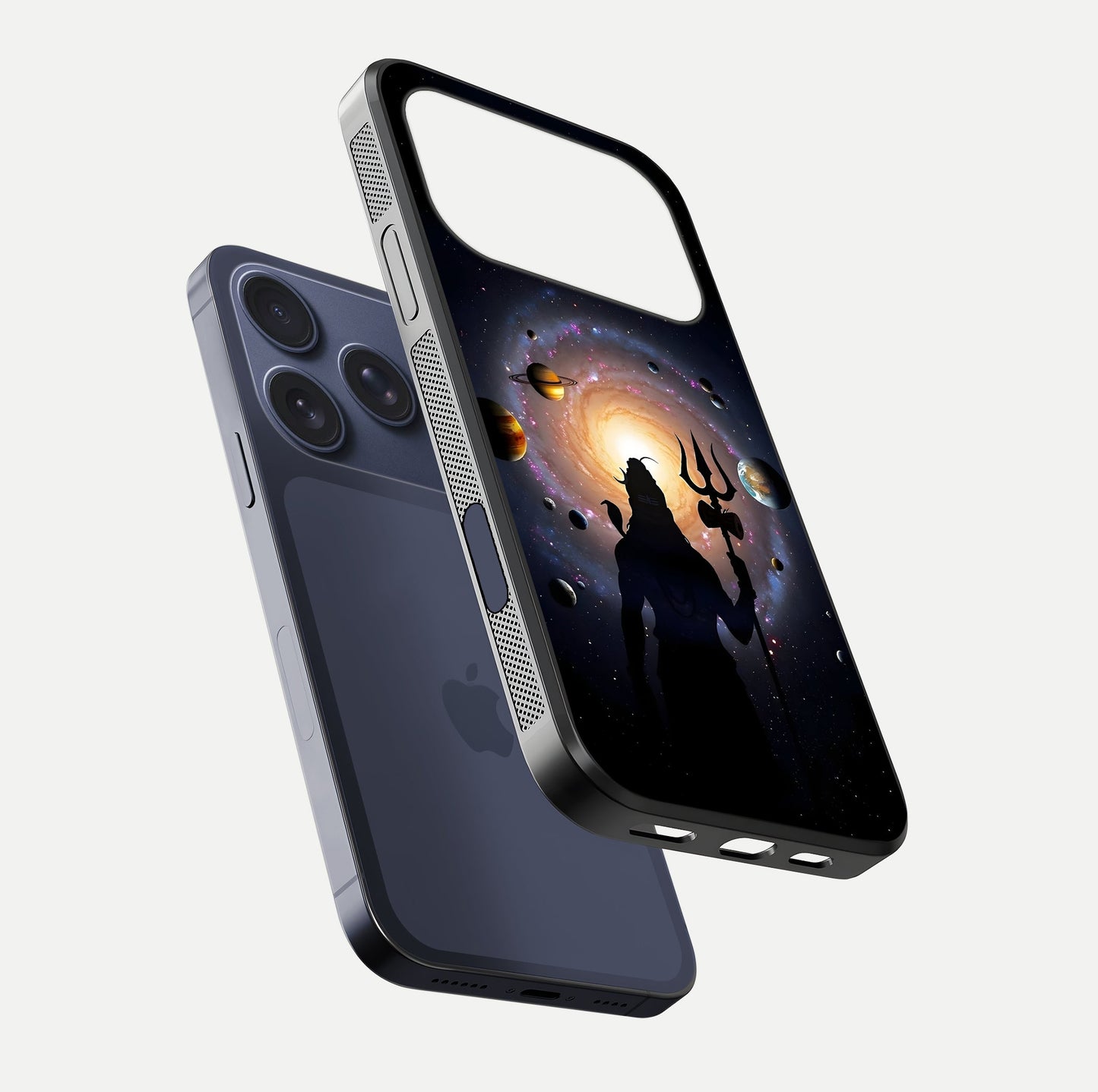 Galactic Shiva Vision Glass Case for iPhone 17 Pro floating dual-view mockup displaying vibrant cosmic colors and smooth gloss texture