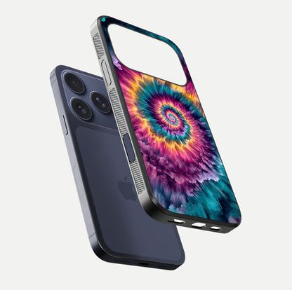 Galactic Spiral Burst Glass Case for iPhone 17 Pro floating dual-view mockup displaying light trails and smooth gloss shine