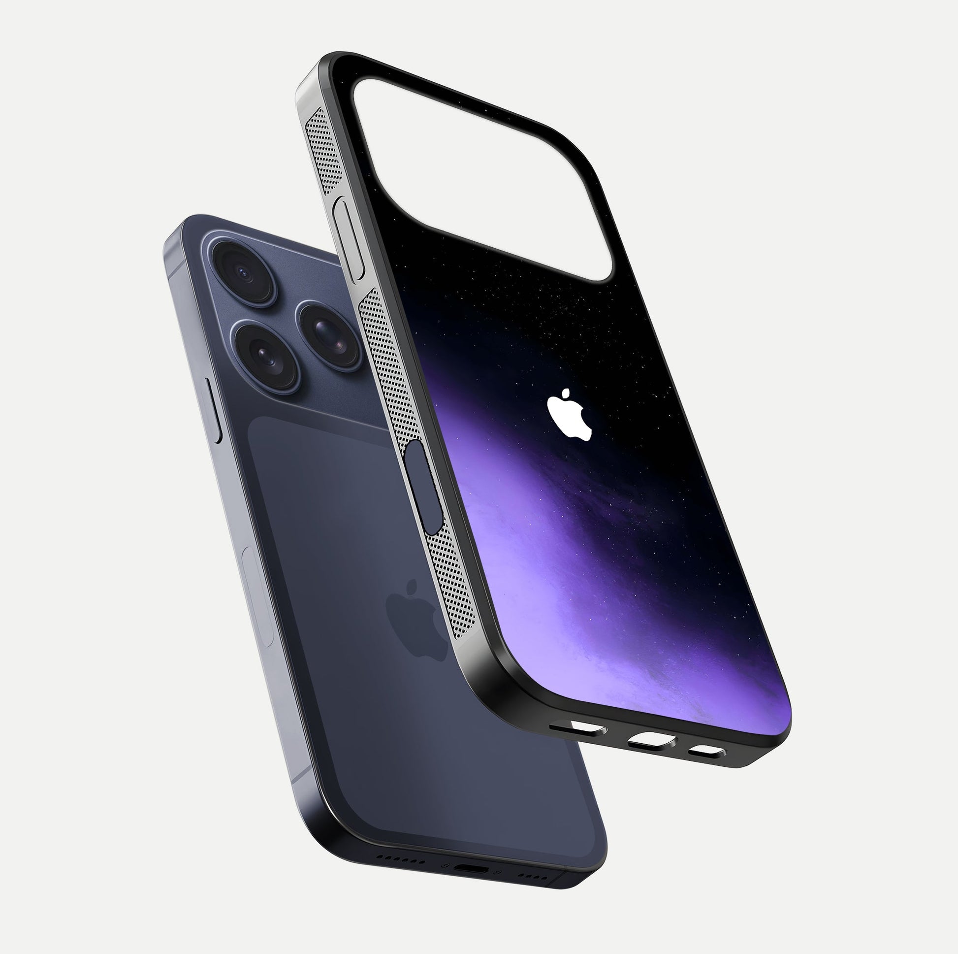 Galaxy Apple Aura Glass Case for iPhone 17 Pro floating dual-view mockup highlighting HD gloss and deep space color blend