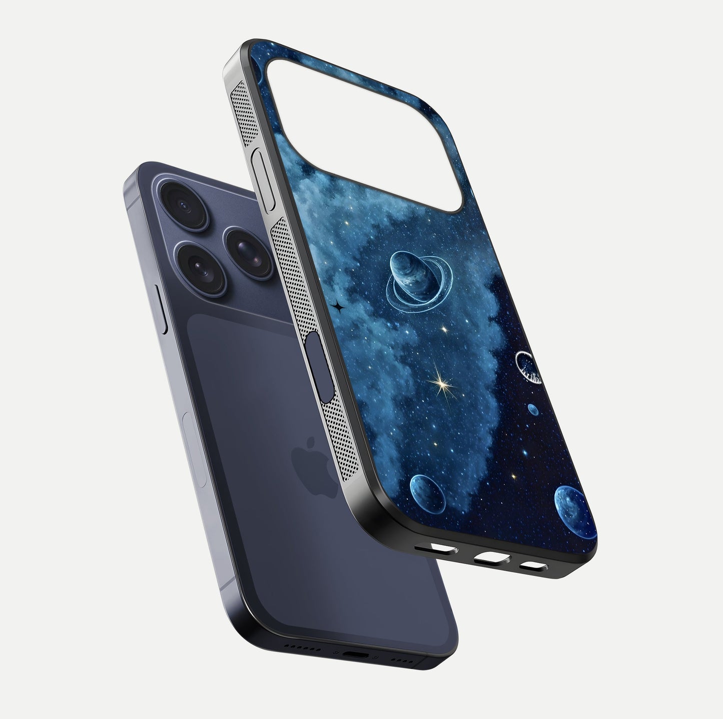 Galaxy Dream Space Glass Case for iPhone 17 Pro floating dual-view mockup showing glossy finish and celestial depth