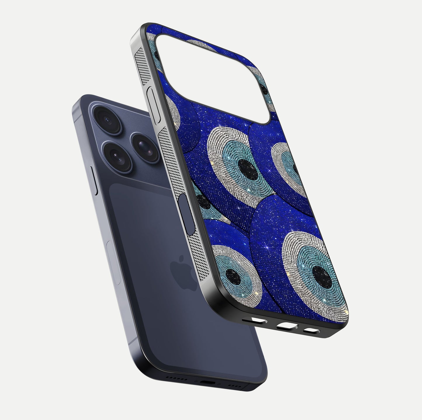 Galaxy Eye Flow Glass Case for iPhone 17 Pro floating dual-view mockup showing gloss polish and glowing tones