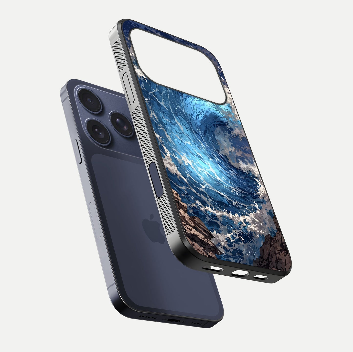 Giant Ocean Wave Glass Case for iPhone 17 Pro floating dual-view mockup showing glossy depth and aquatic blue gradient