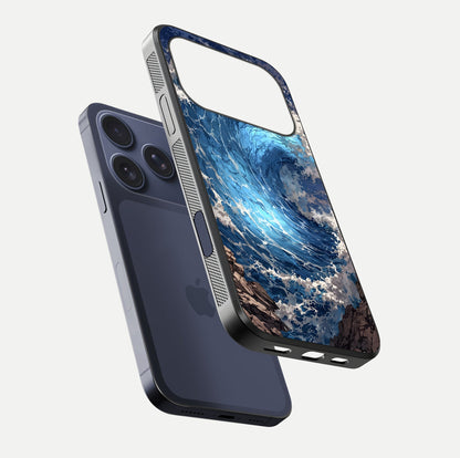 Giant Ocean Wave Glass Case for iPhone 17 Pro floating dual-view mockup showing glossy depth and aquatic blue gradient