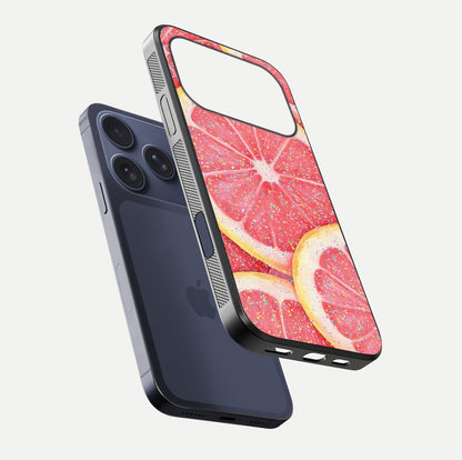 Glitter Grapefruit Glass Case for iPhone 17 Pro floating dual-view mockup showing HD gloss and fresh color detail