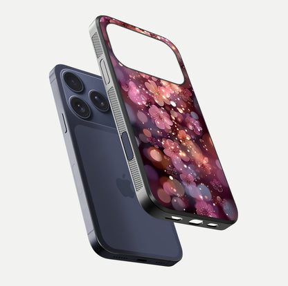 Glowing Petal Bliss Glass Case for iPhone 17 Pro floating dual-view mockup showing gloss brightness and delicate tone