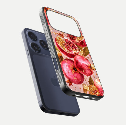 Golden Bloom Glow Glass Case for iPhone 17 Pro floating dual-view mockup showing glossy shine and golden shimmer