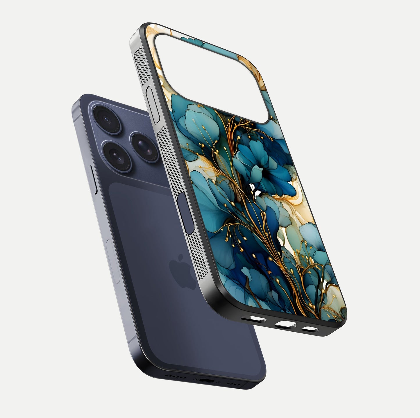 Golden Bloom Symphony Glass Case for iPhone 17 Pro floating dual-view mockup displaying shine texture and luxury pattern