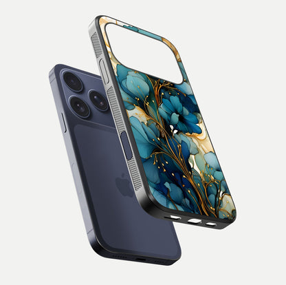 Golden Bloom Symphony Glass Case for iPhone 17 Pro floating dual-view mockup displaying shine texture and luxury pattern